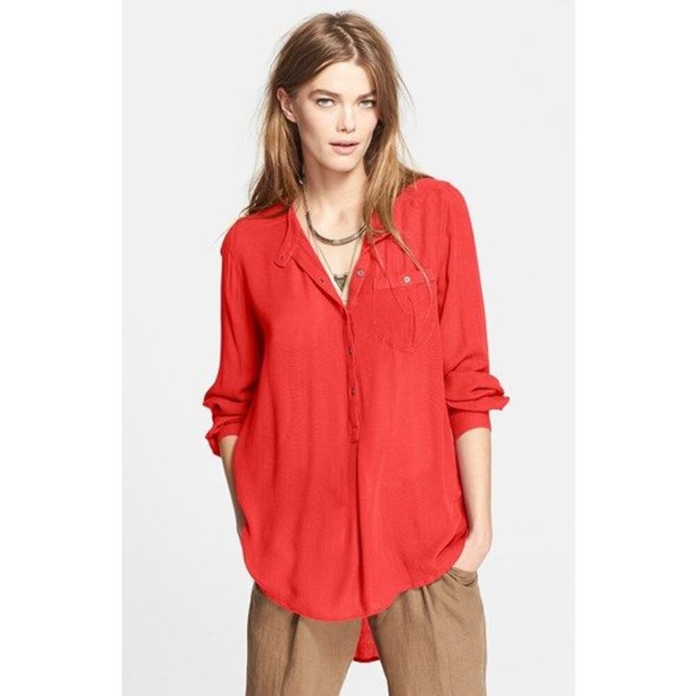 Free People Boyfriend Button Down Gauzy Shirt Red Oversized Rayon Women XS